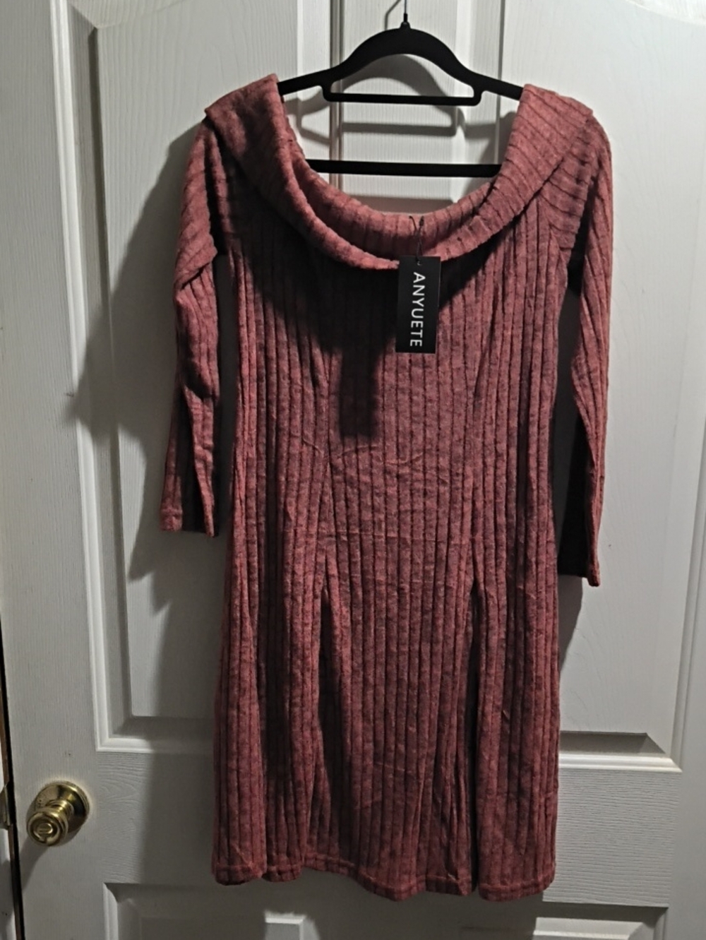 Ribbed Off-Shoulder Long Sleeve Dress in Dusty Rose